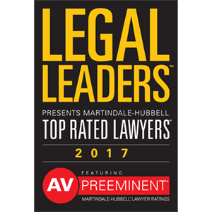 Cover displaying "Legal Leaders, Top Rated Lawyers 2017" in bold yellow and white text. Red circle with "AV Preeminent" below, conveying prestige.