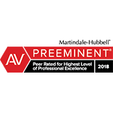 Red and black badge with "AV Preeminent" in bold, white text, and "Peer Rated for Highest Level of Professional Excellence 2018" below.