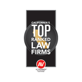Logo reading 'California's Top Ranked Law Firms' in bold white text on a black rectangle with a gold state outline. Red 'AV' symbol at the bottom.
