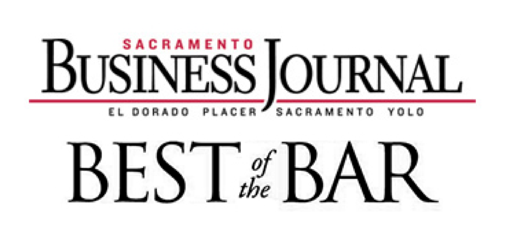 Logo of the Sacramento Business Journal with the text "Best of the Bar" below, listing regions: El Dorado, Placer, Sacramento, Yolo. Bold, professional tone.